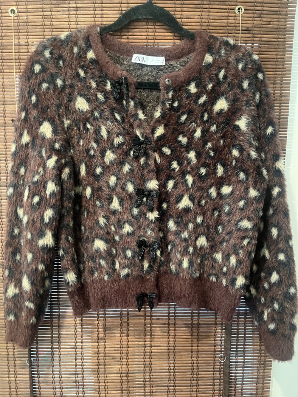 Zara Brown and Cream Leopard-Print Fuzzy Cardigan